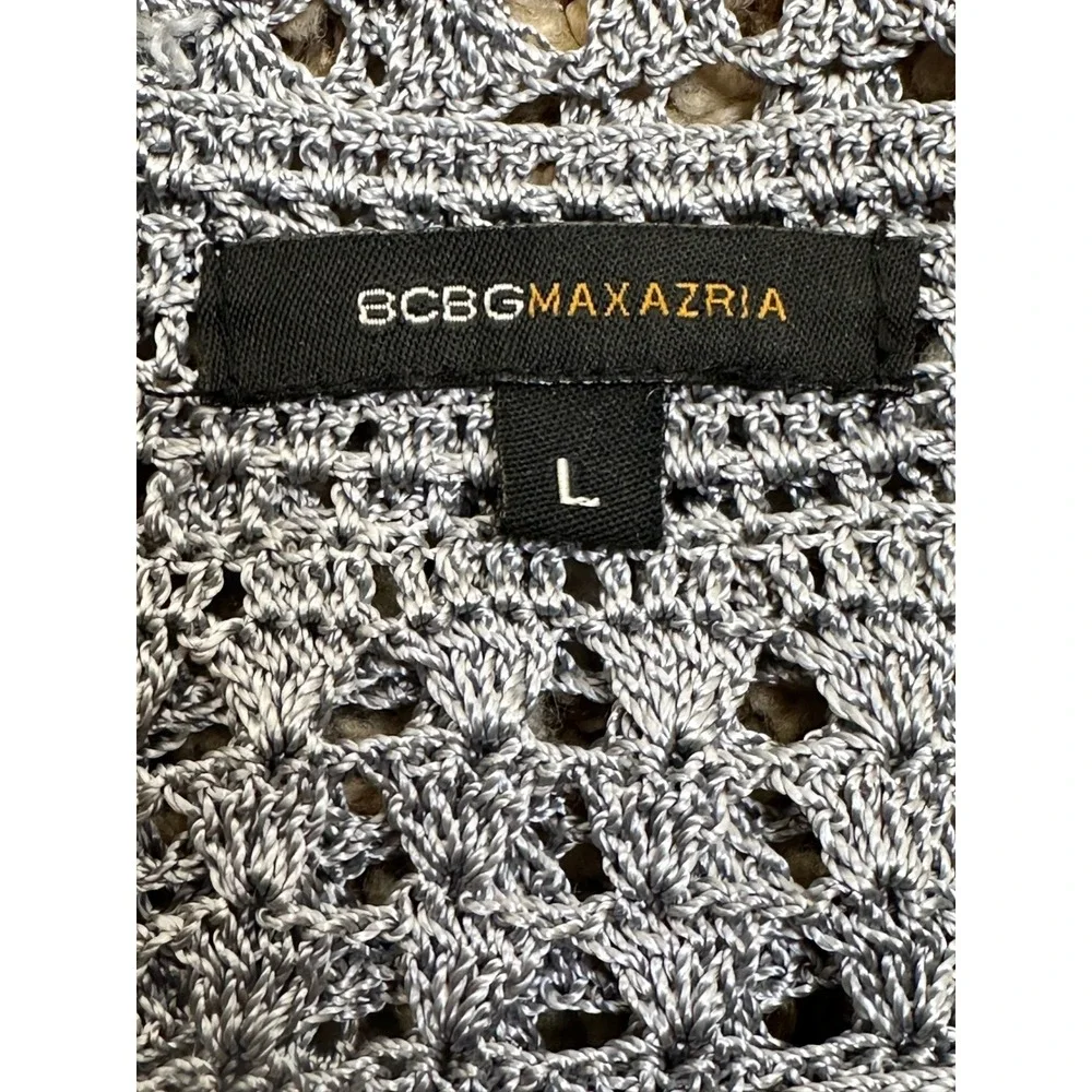 BCBGMAXAZRIA Hand Crochet Top L Silver Blue‎ Gray Open Knit Boho Sheer Scallop